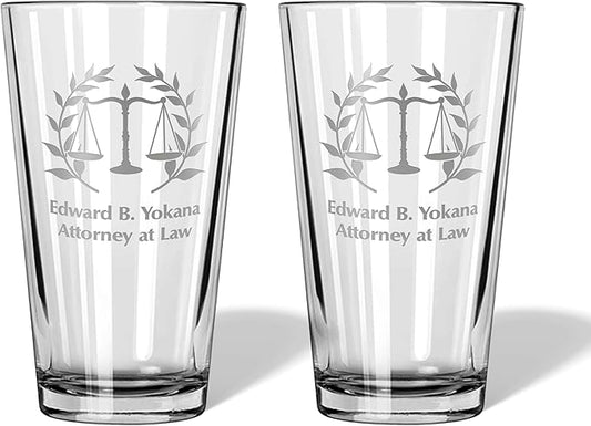 Alterd Industries Lawyer Gifts - Attorney Gift lawyer gifts for Men Court Case women office Pint Beer Whiskey Glasses Decanter Scales of Justice Law Office (Pair of Pint Glasses, Scales of Justice)
