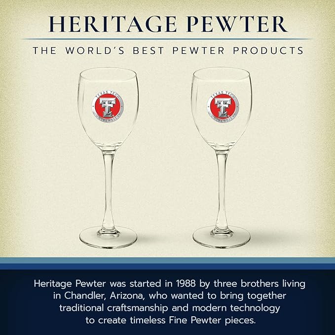 Heritage Pewter Texas Tech Red Raiders Glass Goblets – Set of 2 | 12 OZ Goblet Wine Glasses | Expertly Crafted Pewter Glass