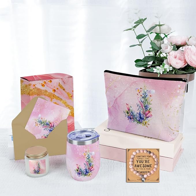 Personalized Gifts Monogrammed Birthday Gifts for Women, Maid of Honor Bachelorette Wedding Christmas Initial Wine Tumbler Makeup Bag Scented Candle Bracelet Set, (Aesthetic Pink Flower J)