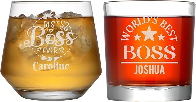 Personalized Boss Gifts for Men, Custom Whiskey Glass with Engraved Name, Birthday Farewell Retirement Christmas Boss Day Gift for Coworkers Staff Leader Office Decor