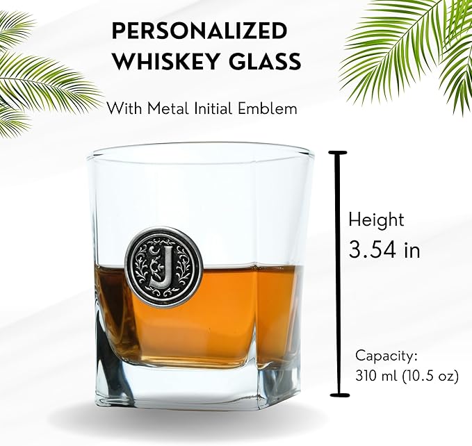 Personalized Whiskey Glass with Metal Initial – 10.5oz Premium Rocks Glass for Bourbon Scotch – Custom Engraved Letter Gift for Men Dad Groomsmen