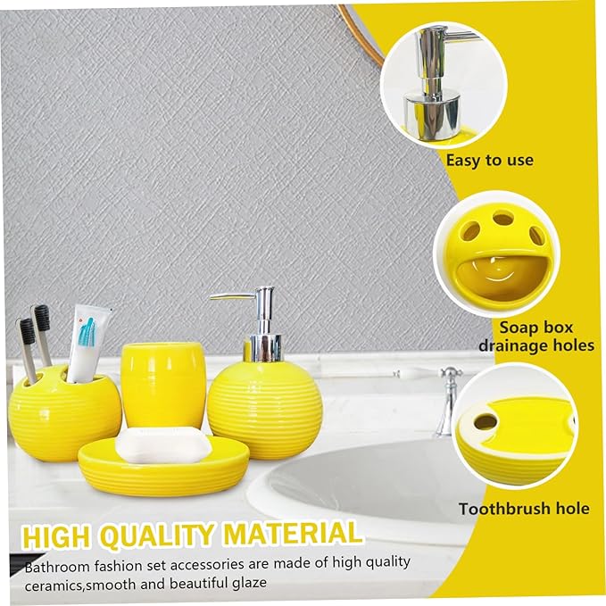 4Pcs/Set Yellow Bathroom Accessories Ceramic Vibrant Soap Dispenser with Toothbrush Holder & Soap Dish & Cup Complete Toothbrush Holder Set