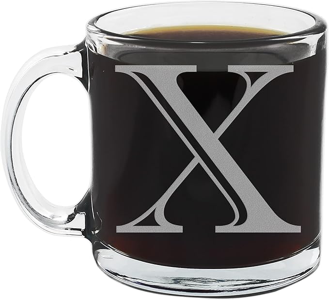 Spotted Dog Company Etched Monogram 12oz Clear Glass Coffee Mug (Letter X), A-Z Customized Coffee Gifts for Coffee Lovers, Custom Engraved for Women Her, Personalized Gift for Men, Initial