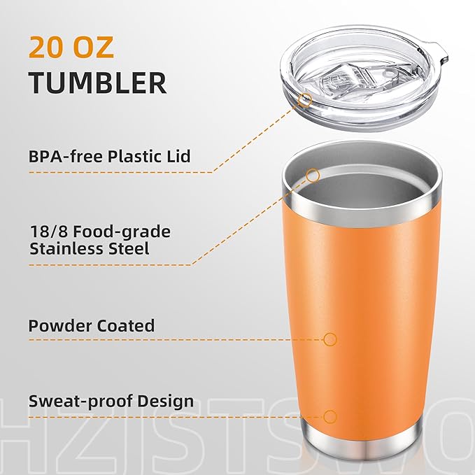 20 oz Tumbler Bulk with Lid Stainless Steel Insulated Tumblers Double Wall Vacuum Coffee Mug Powder Coated Tumbler Cups for Cold and Hot Drinks, Orange, 6 pack