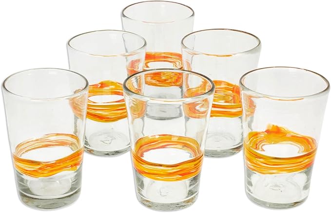 NOVICA Artisan Crafted Yellow Clear Hand Blown Recycled Glass Juice Glasses, 15 Oz. 'Ribbon Of Sunshine' (Set Of 6)
