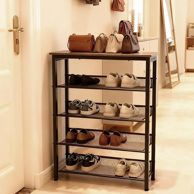5-Tier Shoe Rack, Shoe Storage Shelf with 4 Metal Mesh Shelves, Shoe Rack Organizer for 15-20 Pairs, Durable and Stable, for Closet and Entryway, Brown and Black