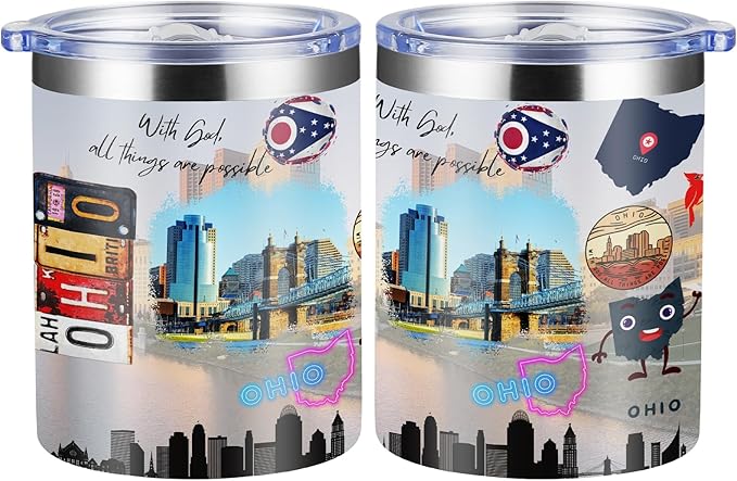 12oz Coffee Mug Ohio State Insulated Coffee Cups, United States Map Travel Mug Landmark, Birthday Gifts Cute Mugs with Lid and Straw Gifts for Mom