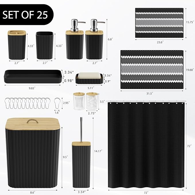 Bathroom Accessory Set - 25PC Bathroom Sets with Shower Curtain and Rugs, Black Bathroom Set, Bathroom Accessories Set, Shower Curtain Sets with Rugs, Bathroom Trash Can & Soap Dispenser