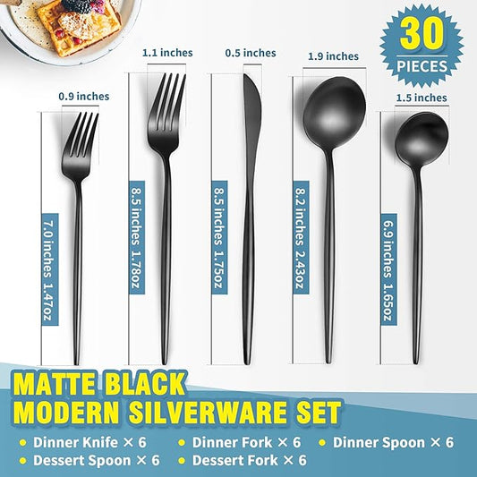 Lemeya Matte Black Silverware Set for 6,Modern Stainless Steel Brushed Cutlery Set,30-Pieces Heavy Duty Flatware Set,Knives Spoons and Forks Set Utensils Set, Satin Finish, Dishwasher Safe