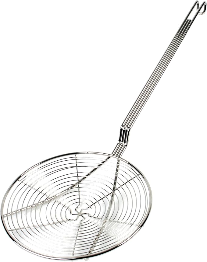 TrueCraftware- 9-Inch Round Spiral Wire Skimmer with 13" Handle Length Nickel Plated- Kitchen Utensil Food Strainer Skimmer Spoon for Cooking Sieve Sifters Rice Quinoa Pasta Fruits Vegetables etc.