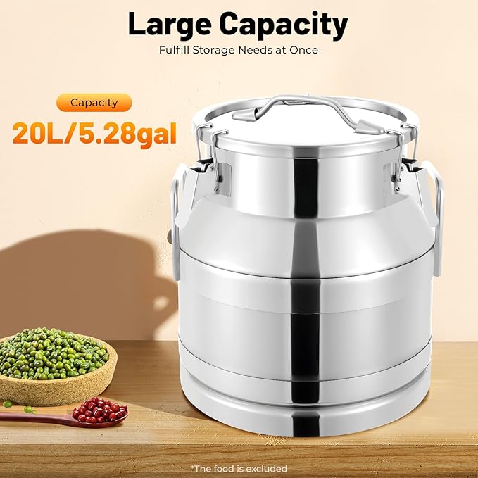 Milk Can Stainless Steel Containers with Lids Old Fashion Milk Jug Metal Bucket with Practical Handles, Sealed Bucket for Milk Water Wine Honey Oil Rice Tea Beans Grains (20L/5.28Gal)