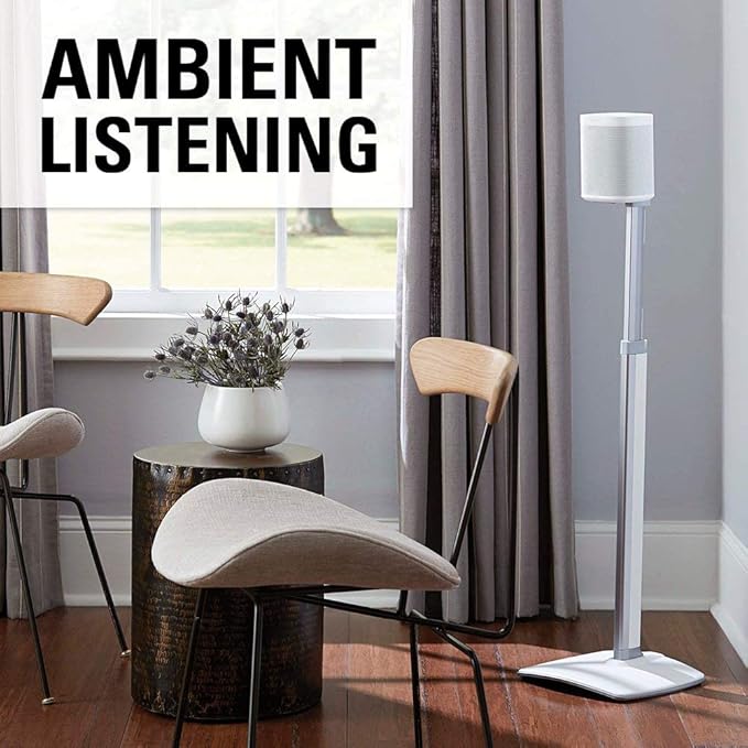 Sanus Adjustable Height Wireless Speaker Stands Designed for SONOS ONE, ONE SL, Play:1, and Play:3 - Tool-Free Height Adjust Up to 16" with Built in Cable Management - Single White