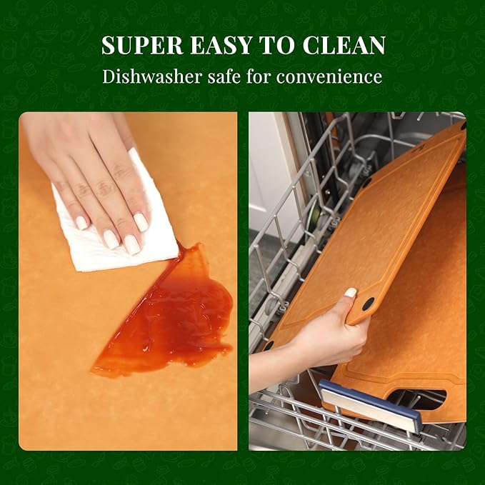 Kikcoin Wood Cutting Board, Cutting Boards for Kitchen Dishwasher Safe Non-slip Chopping Board with Juice Groove, Wood Fiber Composite Cutting Board with Handle, 14.6"*10.8"