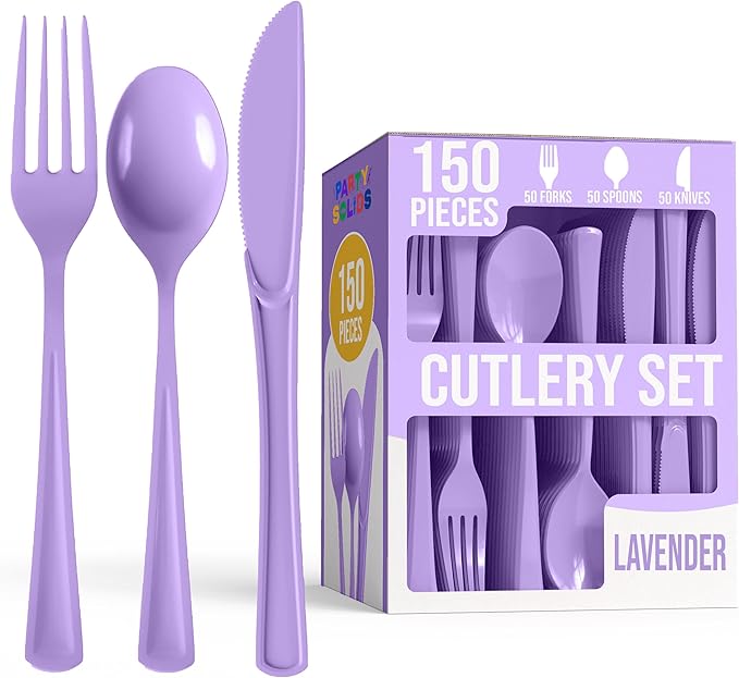 Party Solids Lavender Plastic Silverware Heavy Duty 150 Pieces Lavender Disposable Silverware Heavy Duty, Utensil Sets, 50 Of Each Forks, Knives & Spoons Disposable Cutlery Set For Party Supplies
