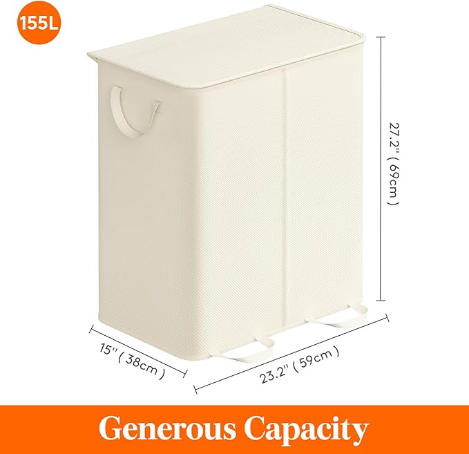 Lifewit Double Laundry Hamper with Lid and Removable Laundry Bags, Large Collapsible 2 Dividers Dirty Clothes Basket with Handles for Bedroom, Laundry Room, Closet, Bathroom, College, 155L Ivory White