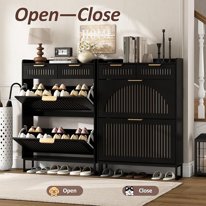 Fluted Shoe Cabinet Storage for Entryway – Narrow Shoe Rack with 2 Flip Drawers & 2 Storage Drawers, Freestanding Hidden Shoe Organizer for Foyer, Hallway (Black)