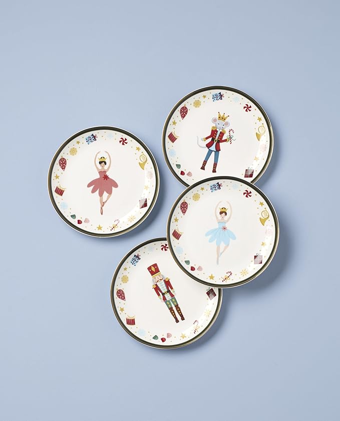 Lenox Dinnerware, Nutcracker Ballet Tidbit Plates, Service for 4, Microwave Safe & Dishwasher Safe Porcelain, Pasta and Salad Dinnerware, Christmas Decor, Nutcracker Ballet (Assorted Plates, 4 Piece)