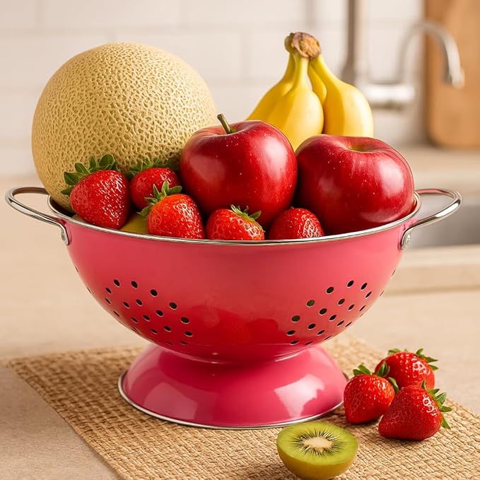 Reston Lloyd Calypso Basics Extra Large Enameled Colander with Solid Base, Strainer Basket with Handles, for Pasta, Berries, Vegetables, Fruit, Magenta ( 7 Quart, 224oz/ 6.6 L )