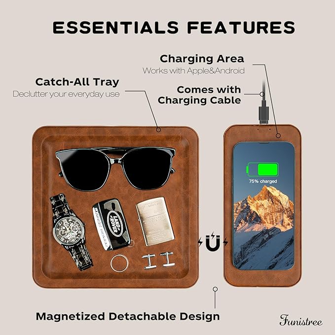 Gifts for Men Dad Husband from Daughter Son Wife, PU Leather Wireless Charging Station and Valet Tray, Xmas Present Stocking Stuffers, Boyfriend Christmas Anniversary Birthday Gifts for Him