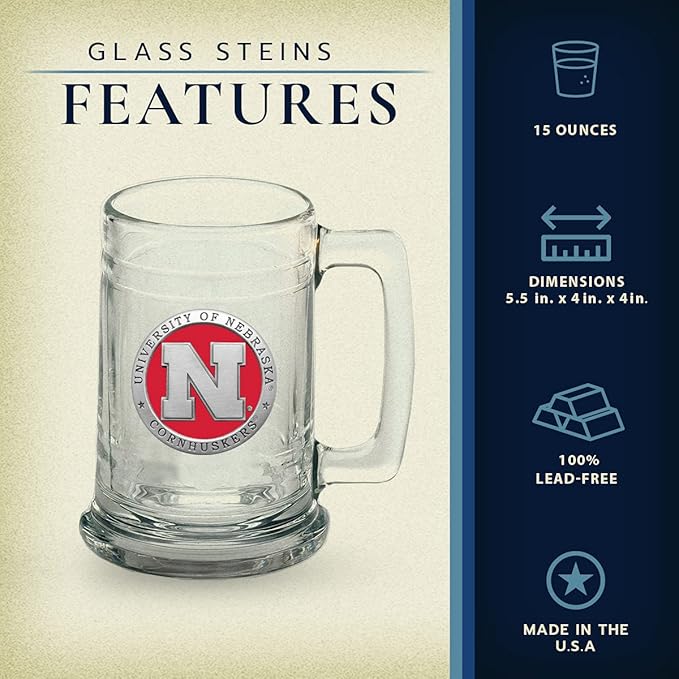 Heritage Pewter Nebraska Cornhuskers Stein Glass | 15 Ounce German-Style Glass | Intricately Crafted Metal Pewter Alma Mater Inlay