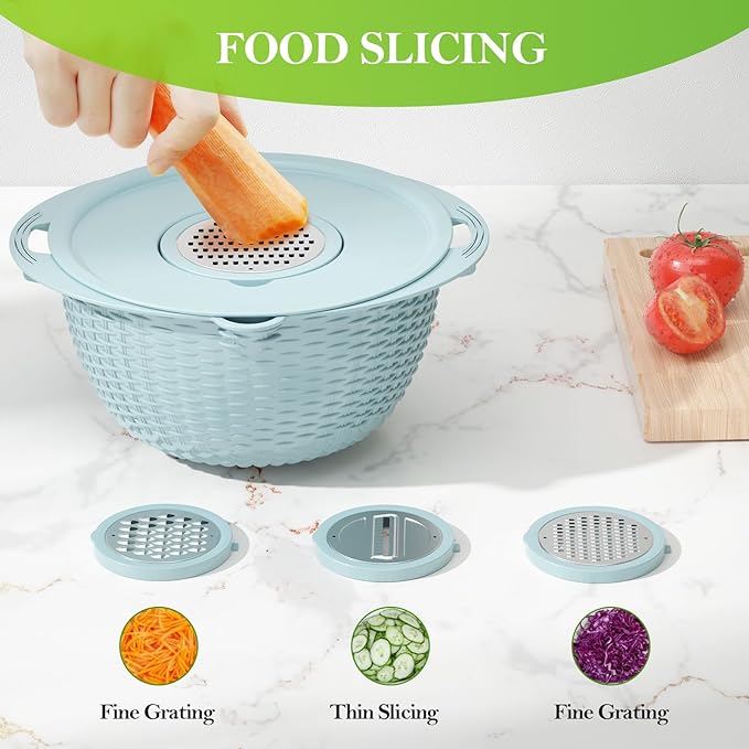 4-1 Colander with Bowl Set - Strainers for Kitchen, Food Strainers and Colanders, Pasta Strainer, Rice Strainer, Fruit Cleaner, Veggie Wash, Aesthetic Cooking Present Kitchen Essentials - Blue