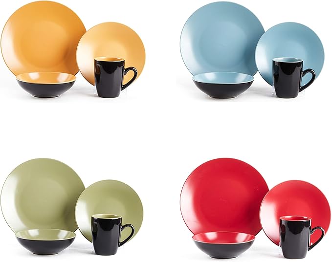 Stoneware Two-Tone Colors Life 16pc Dinnerware Set，Outside Shinny Black + Inside Matte Finished Very Funny - 4 Assorted Colors Turquoise, Olive, Curry and Red