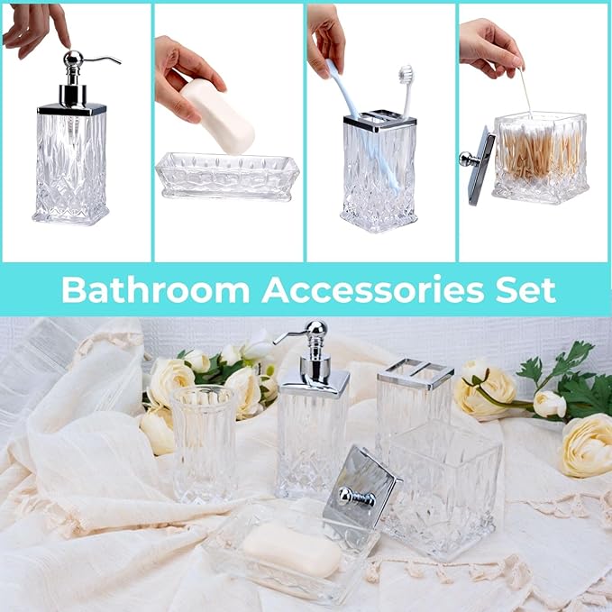 Bathroom Accessories Set,5 Pcs Clear Glass Bathroom Accessory Set,Complete Lotion Soap Dispenser,Toothbrush Holder, Soap Dish,Tumbler & Jar,Modern Bathroom Decor Sets,Gift for Home Apartment,Square