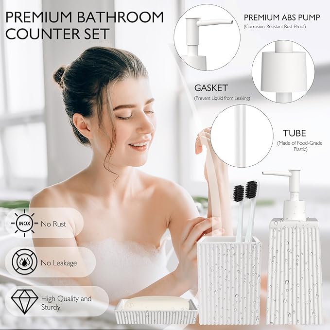 Bathroom Set - White Bathroom Accessories Set, 5PCS Ceramic Bathroom Accessory Set, Bathroom Sets with Soap Dispenser, Toothbrush Tumbler, Soap Dish, Q-tip Holder & Vanity Tray
