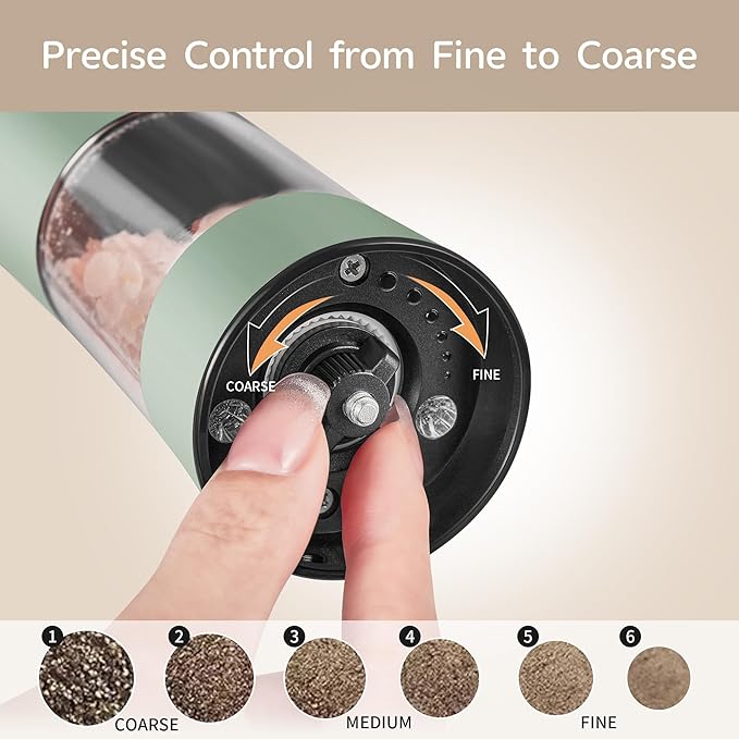 Gravity Electric Salt and Pepper Grinder Set–USB-C Rechargeable Charging Base Pepper Mill, Dual LED Light, Adjustable Coarseness,One-Handed Operation, Stainless Steel Sage Green Finish,2pack
