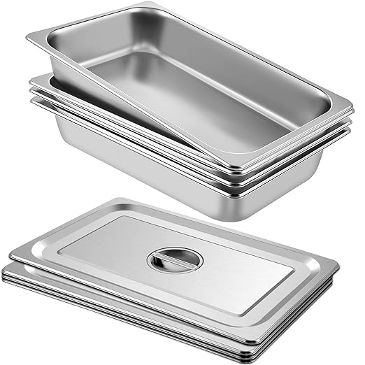 VEVOR 4 Pack Stainless Steel Hotel Pans,Full Size 4 Inch Deep 0.8mm Thick Anti Jam Commercial Food Pans with lid ,for Steam Tables, Restaurants, Catering & Industrial Use".