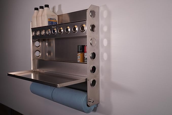 Double Wide Organizer Rack with Flip Out Work Station by: Trailer Trash (Aluminum) Silver, Length 22 x Width 22 1/2 x Height 4 1/2