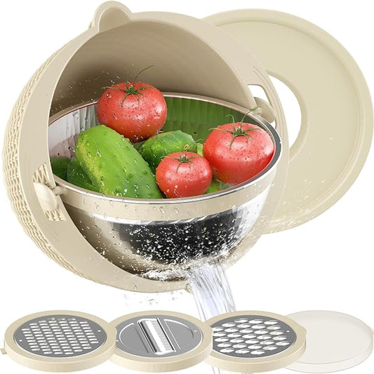 Colanders, 4-1 Colander with Mixing Bowls Set, Strainers for Kitchen, Food Strainers with Grater, Kitchen Gadgets Strainer Basket for Draining Pasta, Vegetable, Fruit & Veggie Washerl,Beige
