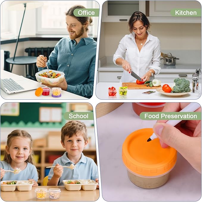 2 oz Small Plastic Containers with Lids, 24 Pack Salad Dressing Container, Reusable Condiment Containers Sauce Cups, with Pen and Brush, Freezer, Microwave & Dishwasher Safe