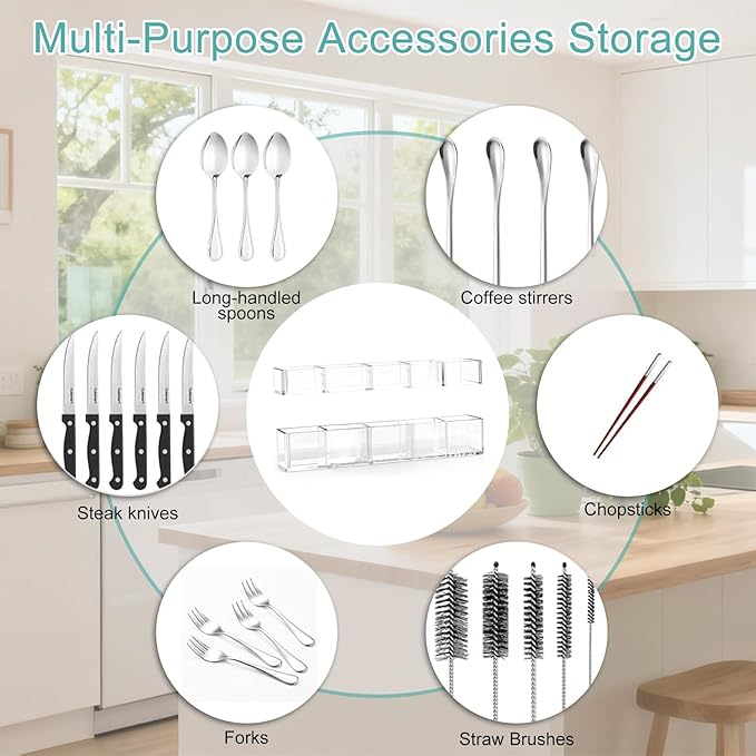 Acrylic Straw Holder, 9.5inch Large Adjustable Straws Organizer Storage, Reusable Tumbler Straw Storage Dispenser Straws with Ultra Sticky Adhesive Strips for Kitchen Cupboard Door(Transparent)