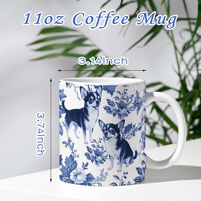 Chihuahua Blue French Toile Mug, Chihuahuas Lover Gifts for Women, Blue Chinoiserie Toile Coffee Cup for Chihuahua Mom, Dog Lovers Tea Coffee Mug Birthday Gifts for Dog Owners, 11oz