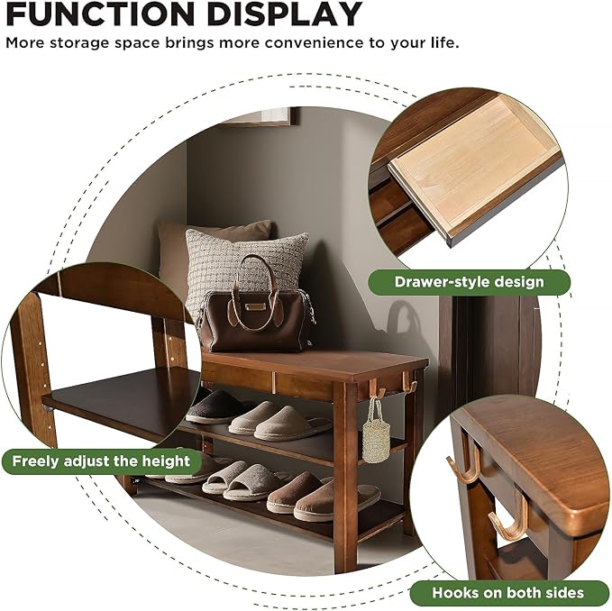Shoe Storage Bench Wood Entryway: Shoe Rack Bench with Drawer 3-Tiers Height Adjustable,Rustic Wooden Organizer for Front Door Entrance Hallway Living Room,Mudrooms (Walnut 2-Tiers, 31.5")