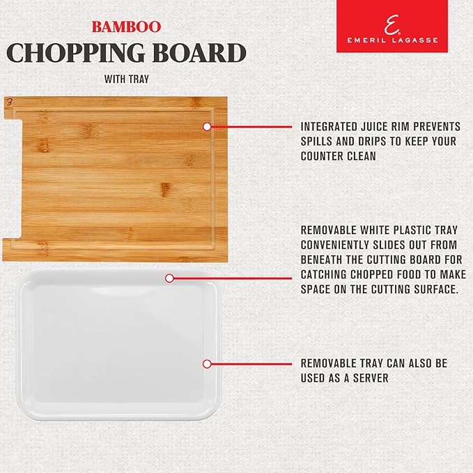 Emeril Lagasse Bamboo Cutting Board with Multi-Function Pull-Out Platter - Great Gift for Mother's Day, Anti-Skid and Hangable