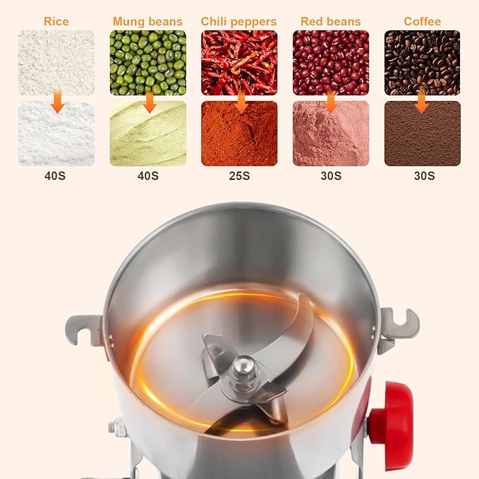 1000g Electric Grain Mill Grinder, High Speed 3600W Commercial Grinders, Stainless Steel Machine for Dry Grains, Coffee, Corn (1000g/2.2lbs Capacity)