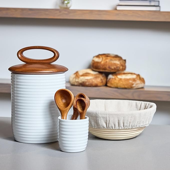 Nambe x Tom Papa Breaking Bread Canister with Utensils - Stoneware Storage Jar with Acacia Wood Measuring Spoons (2, 1, 1/2 tbsp) - Cutlery Container for Baking Ingredients, Baking, Kitchen Decor