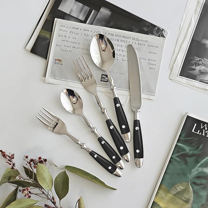 Silverware Set For 12 with Two Rivets, Vintage 60-Piece Everyday Flatware Set with Black Bakelite Handle, Stainless Steel Cutlery Set, Dishwasher Safe, Knives Spoons and Forks Set