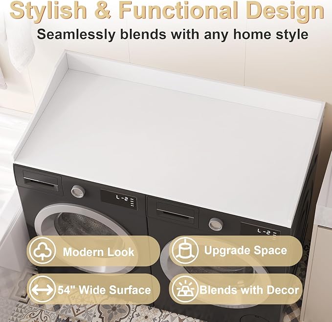 54'' Washer Dryer Countertop, Laundry Room Organization Washer and Dryer Combo Countertop Organizer with Non-Slip Mat, White