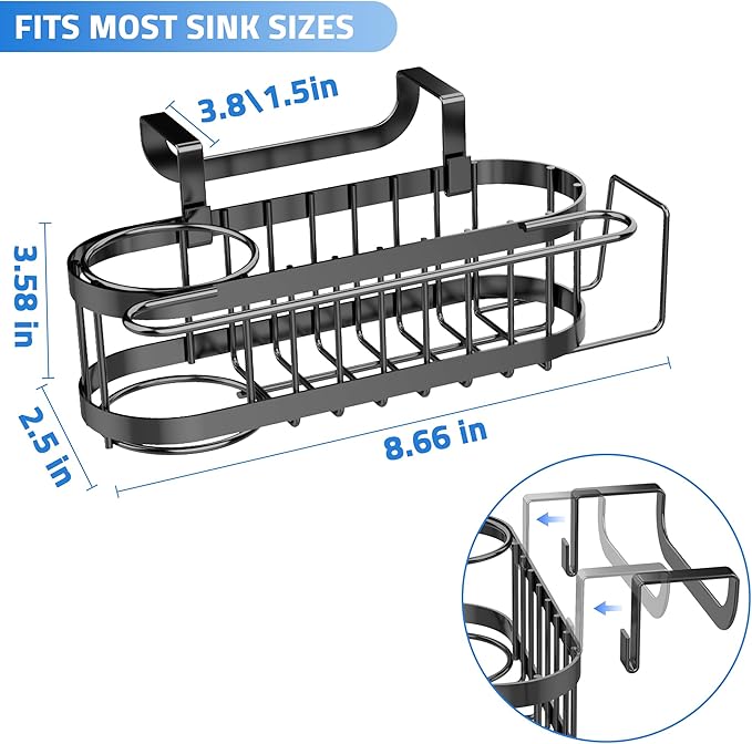 Cisily 3-in-1 Sponge Holder for Kitchen Sink Caddy (Hanging&Adhesive), Stainless Steel Movable Brush Holder + Dish Cloth Hanger, Hanging Sink Caddy Organizer, in Sink Organizer Accessories Rack