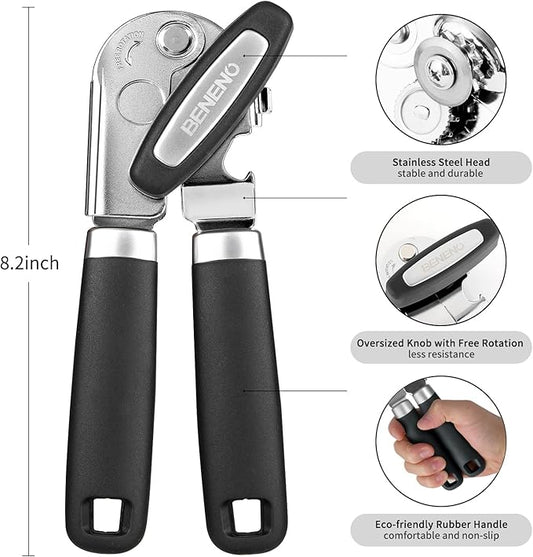 Beneno Heavy Duty Hand Can Opener Manual with Magnet, Durable Sharp Carbon Steel Blade Smooth Cutting, Big Effort-Saving Knob & Soft Grip Handle, Multifunctional Kitchen Tool with Bottle Opener, Black