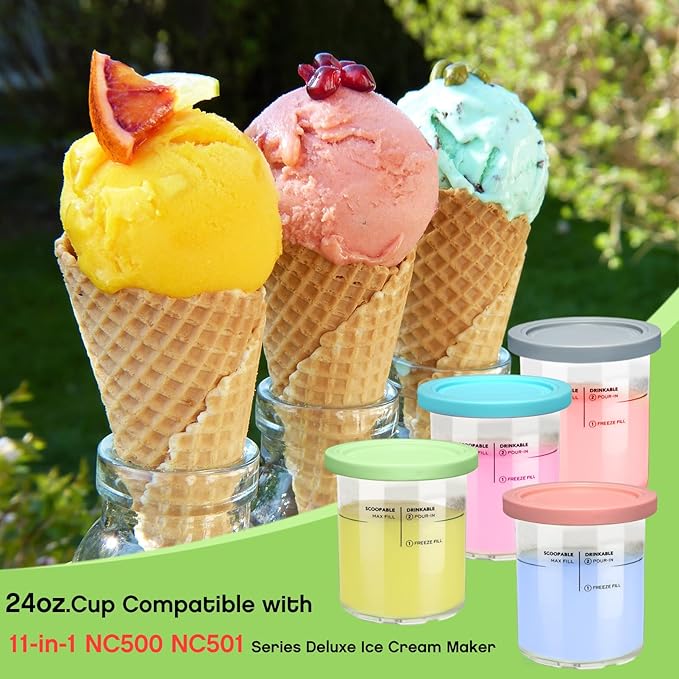 Replacement for Creami Deluxe Pints and Lids 4 Pack,Compatible with Ninja Creami 11-in-1 NC501 NC500 Series Deluxe Ice Cream Maker,24oz Deluxe XL Cups(Blue,Pink,Grey,Green)