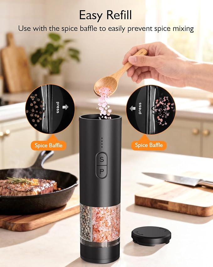 Electric Salt and Pepper Grinder Set, 2 in 1 Dual Bins USB Rechargeable Refillable Automatic Salt and Pepper Mill Shaker with LED Light, Dual Ceramic Grinder Adjustable Coarseness, House Warming Gift