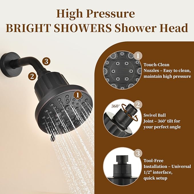 BRIGHT SHOWERS Filtered Shower Head, High Pressure Shower Filter for Hard Water to Remove Chlorine and Impurities, 8 Spray Modes Water Softener Showerhead for Hair and Skin Care, Oil Rubbed Bronze