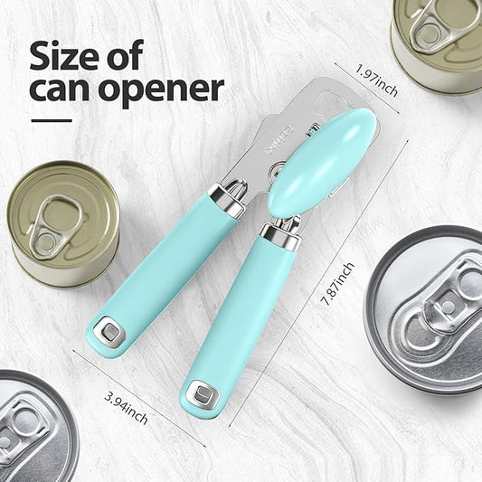 Can Opener Manual, Heavy Duty Stainless Steel Smooth Edge Can Opener With Soft Touch Handle, Oversized Handheld Easy Turn Knob, Multi-Function Bottle Opener, Aqua Sky