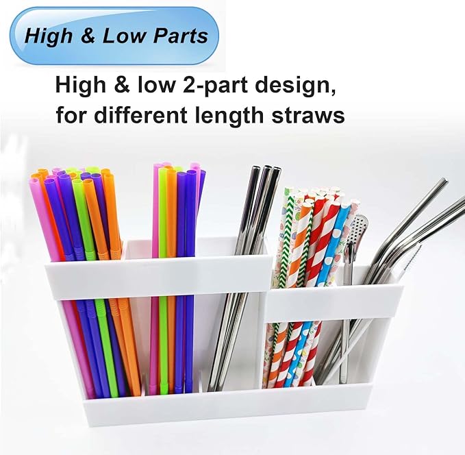 White Adhesive Straw Organizer for Cabinet, 5-Section Kitchen Utensil Holder for Long & Short Straws, Spoons, Forks, Inside Door Mount Storage Stick on Refrigerator Microwave Sides Tiled Wall Surfaces
