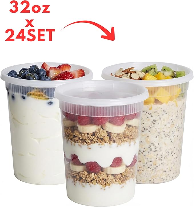 72 -Piece Deli Food Storage Containers with Lids – 32 oz, 16 oz & 8 oz Assorted Set (24 Each) – Leak-Resistant, Stackable, Reusable Meal Prep Containers for Soups, Salads, Leftovers & Snacks