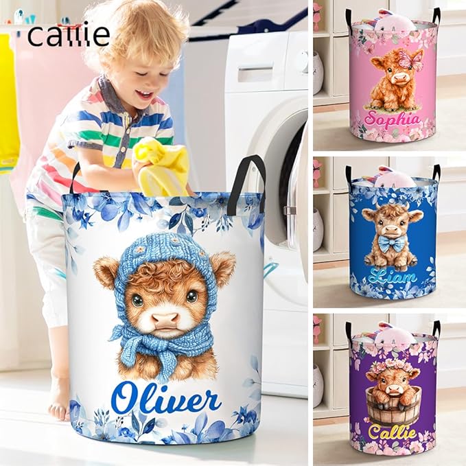 callie Personalized Highland Cow Laundry Basket for Kids Girls, Waterproof Collapsible Laundry Hamper, Clothes Toys Storage Bin for Bedroom (13.8" x 16.5", 15.7" x 19.6")